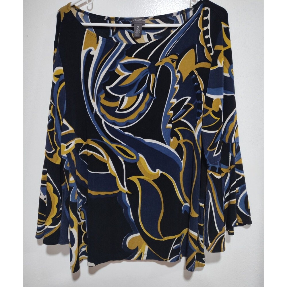 Women’s Chico’s Travelers Blouse Size 2 Multicolored Print Bell Sleeves